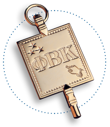 Gold key-shaped medal with a square center. Features three stars, Greek letters "ΦΒΚ," and a raised hand holding roses. Surrounded by a dotted circle.