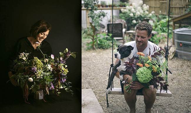 Erica Maust and Andrew Olsen creating floral arrangements