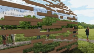 Photo illustration of the Commemorative during the day, showing the words and mirrored surfaces reflecting nearby surroundings and visitors