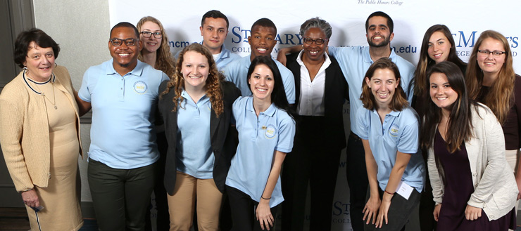 Dr. Tuajuanda Jordan, President of SMCM and Dr. Helen Ginn Daugherty is Professor of Sociology with SMCM Student Ambassadors