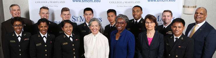 Scott Sanders, RADM USN (ret.), students and Sinclair Harris RADM USN (ret.). Front row students with Ann Zumwalt, daughter of Adm. Elmo R. Zumwalt Jr. Dr. Tuajuanda Jordan, President of SMCM and Dr. Maija Harkonen, Executive Director of the Center of the Study of Democracy.