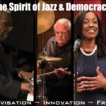 multiple images of performers and lecturers with the words the spirit of jazz and democracy