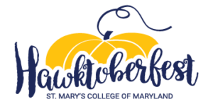 Gold and navy pumpkin logo that says, Hawktoberfest, St. Mary's College of Maryland