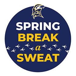 Navy circle with white and gold text that says "Spring Break a Sweat." Includes small bird footprints and Seahawk head athletic logo.