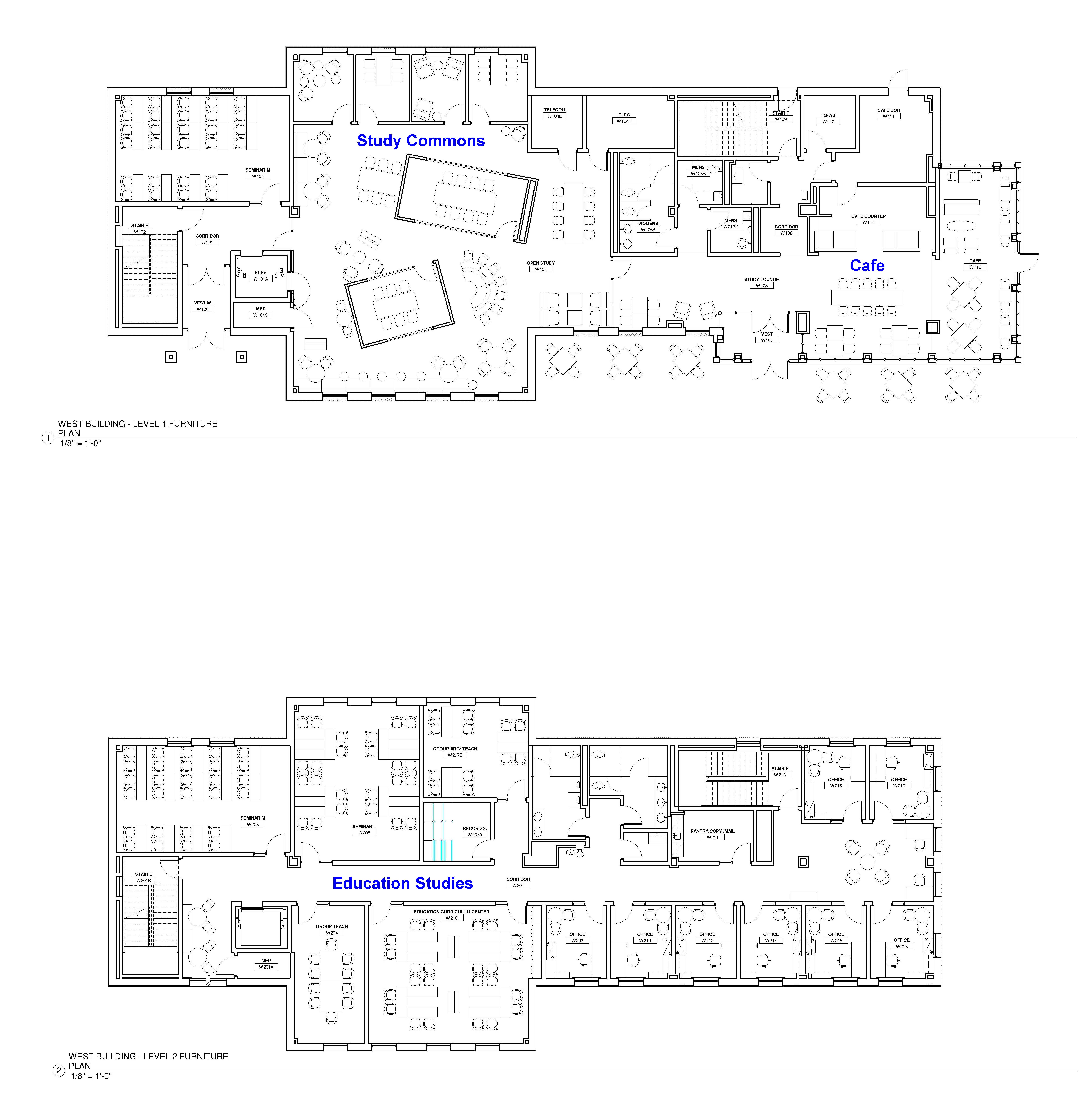 Floor plan with two labeled areas: "Study Commons" near the top left and "Education Studies" near the center bottom. A "Cafe" area is labeled near the top right. Various rooms and seating arrangements are shown throughout the layout.