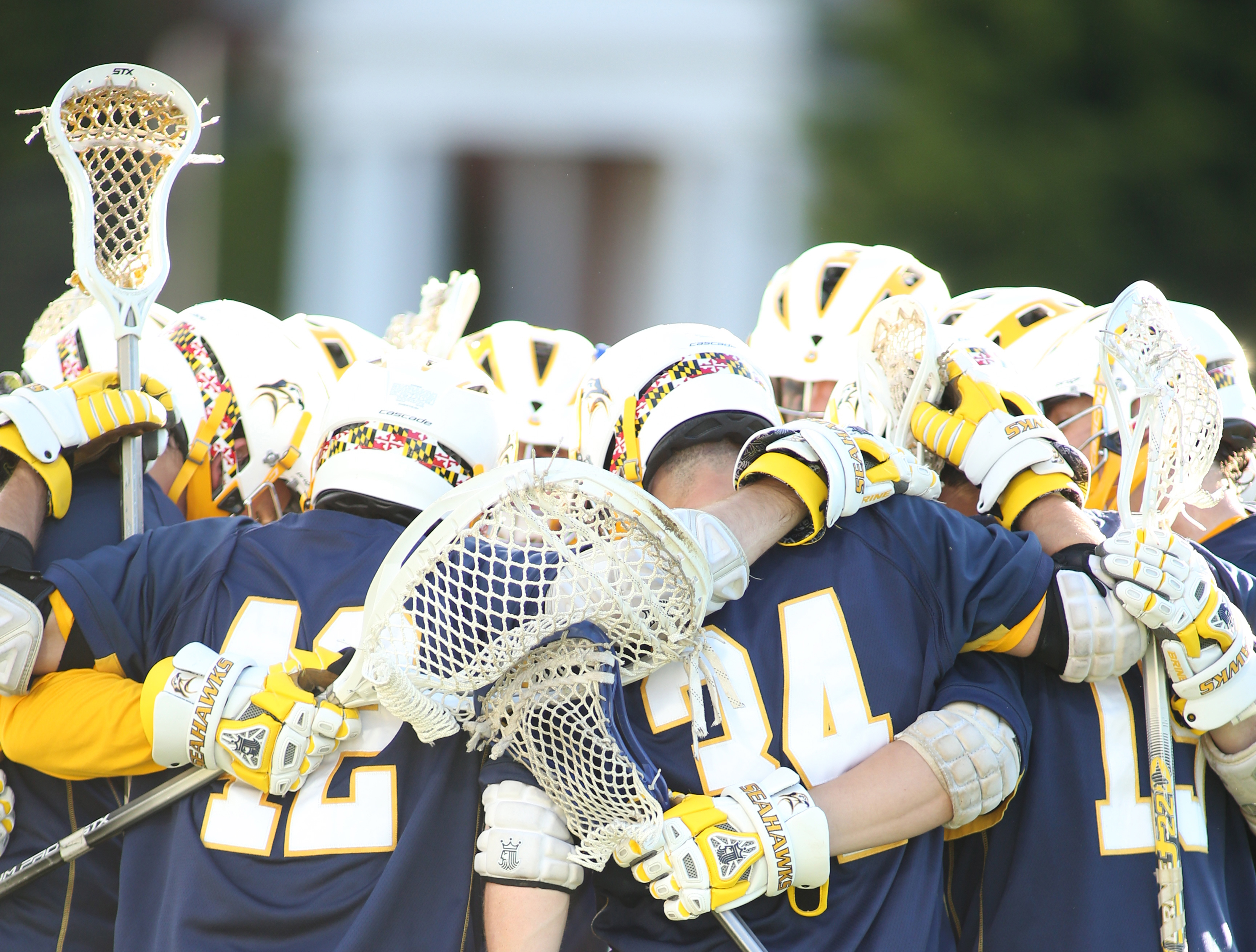 Men's Lacrosse team in a huddle