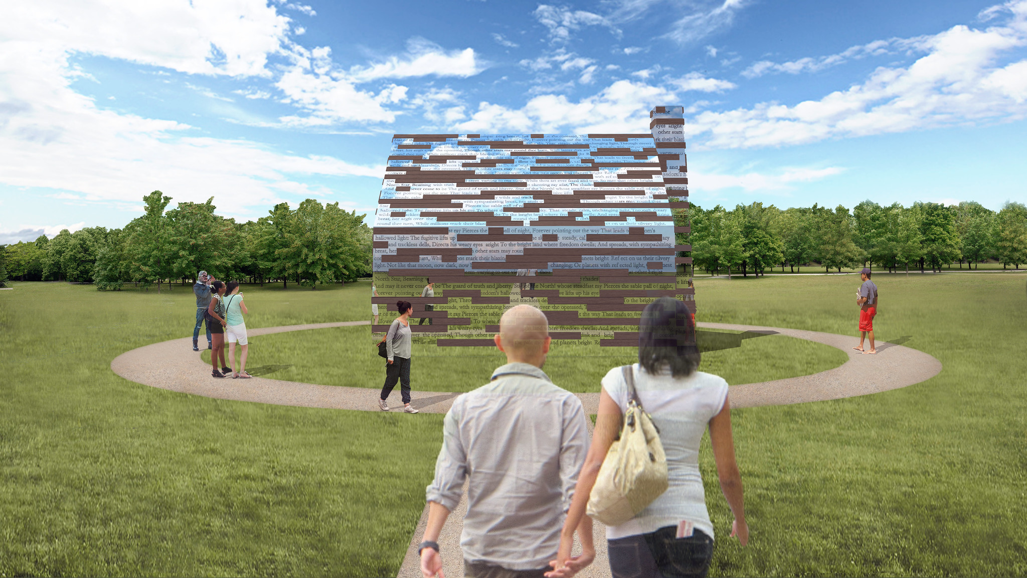 People walk towards a the Commemorative made of horizontal, multicolored, metallic strips forming a structure in a grassy park. A circular pathway surrounds the art piece. The sky is partly cloudy, suggesting a mild day.