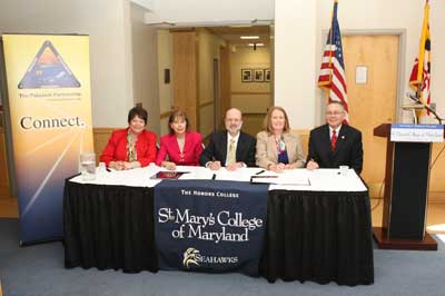 Pictured from left to right are Dr. Maureen Silva, Vice President for Advancement, St. Mary’s College of Maryland (SMCM); Bonnie Green, Director, The Patuxent Partnership (TPP); Dr. Joseph Urgo, College President, SMCM; Karen Garner, President, TPP Board of Directors; and Dr. Ed Barrett, Vice President, TPP Board of Directors.