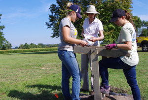 Students Rebecca Webster and Nicolette Coluzzi with Julie King, professor of Anthropology (center) at a site in Chaptico, Md.