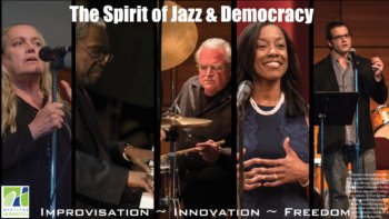 multiple images of performers and lecturers with the words the spirit of jazz and democracy