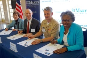 (L-R) Bonnie Green, executive director, The Patuxent Partnership; Ashley Johnson, NSWC IHEODTD technical director; Scott Kraft, NSWC IHEODTD commanding officer; Tuajuanda C. Jordan, St. Mary’s College president pictured