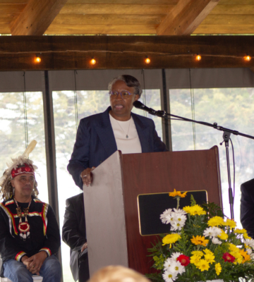 President Jordan gives the keynote address under the pavilion at Historic St. Mary's City