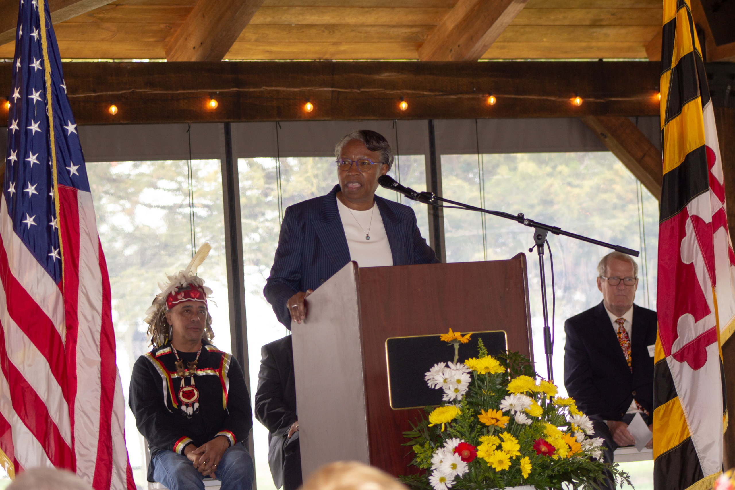 President Jordan gives the keynote address under the pavilion at Historic St. Mary's City