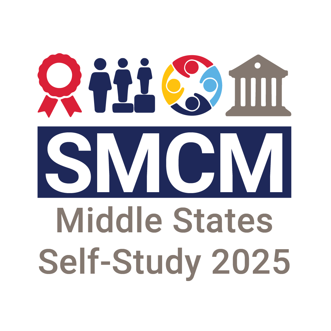 Logo for SMCM Middle States Self-Study 2025. Features icons of a ribbon, people, a multicolored circle of figures, and a building with columns above the text.