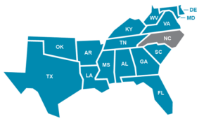 Map highlighting U.S. southeastern states, with North Carolina shaded gray. States included: TX, OK, AR, LA, MS, AL, GA, FL, SC, TN, KY, WV, VA, DE, MD. Blue indicates other states in the region.