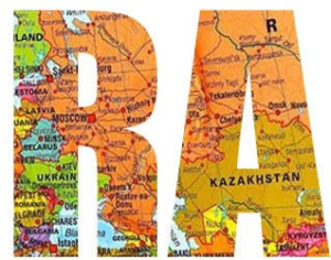 Large capital letters "B" and "A" overlaid with a map of Eastern Europe and Central Asia, showing countries like Russia, Belarus, Kazakhstan, and surrounding areas, with a portion of Moscow visible.