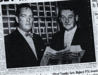 Publisher Sheridan Fahnestock (left) and Editor Alfred Toombs (right), with headline "JURY INDICTS EDITOR, PUBLISHER ON DORSEY’S CONTEMPT CHARGE”