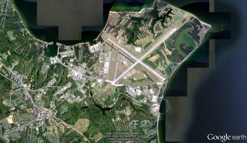 Contemporary aerial of NAS Patuxent River showing three runways. Google Earth.