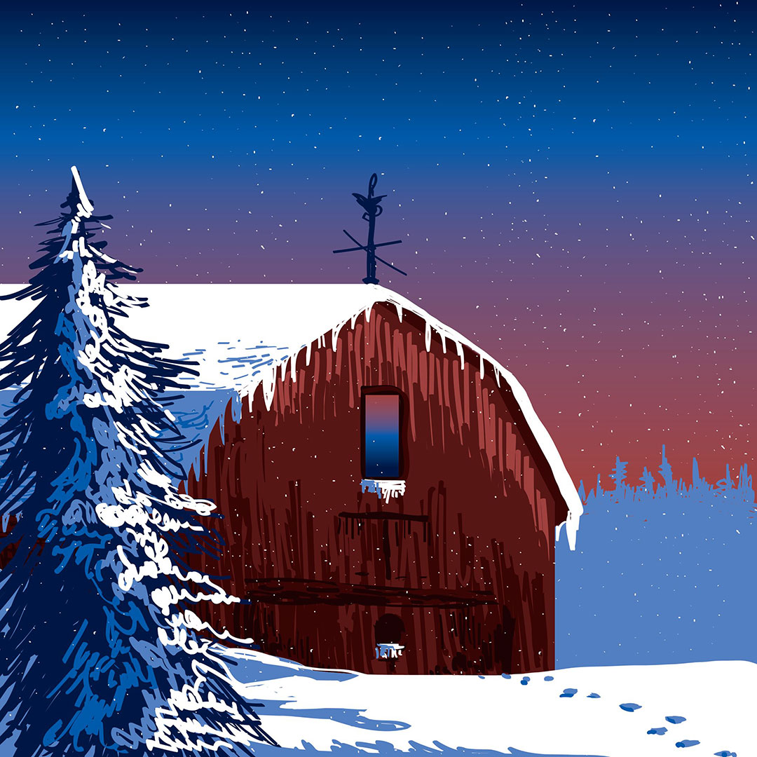 Keely Houk - Speed paint of a snowy red barn in twilight