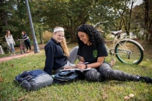 Students sitting outside doing work