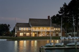 Reiver center from the docks at night