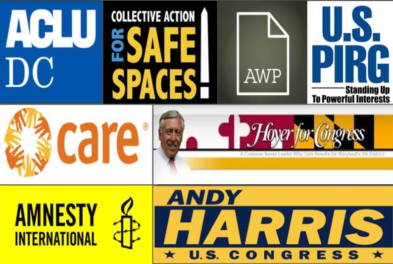 Logos of various organizations and campaigns, including ACLU DC, SAFE SPACES, AWP, U.S. PIRG, CARE, a political advertisement for Hooper for Congress featuring a man's picture, Amnesty International, and Andy Harris for U.S. Congress.