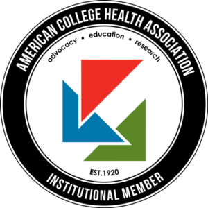 Logo of the American College Health Association. Features red, blue, and green geometric shapes in the center. Text around includes "American College Health Association," "advocacy," "education," "research," and "Institutional Member," with "Est. 1920.