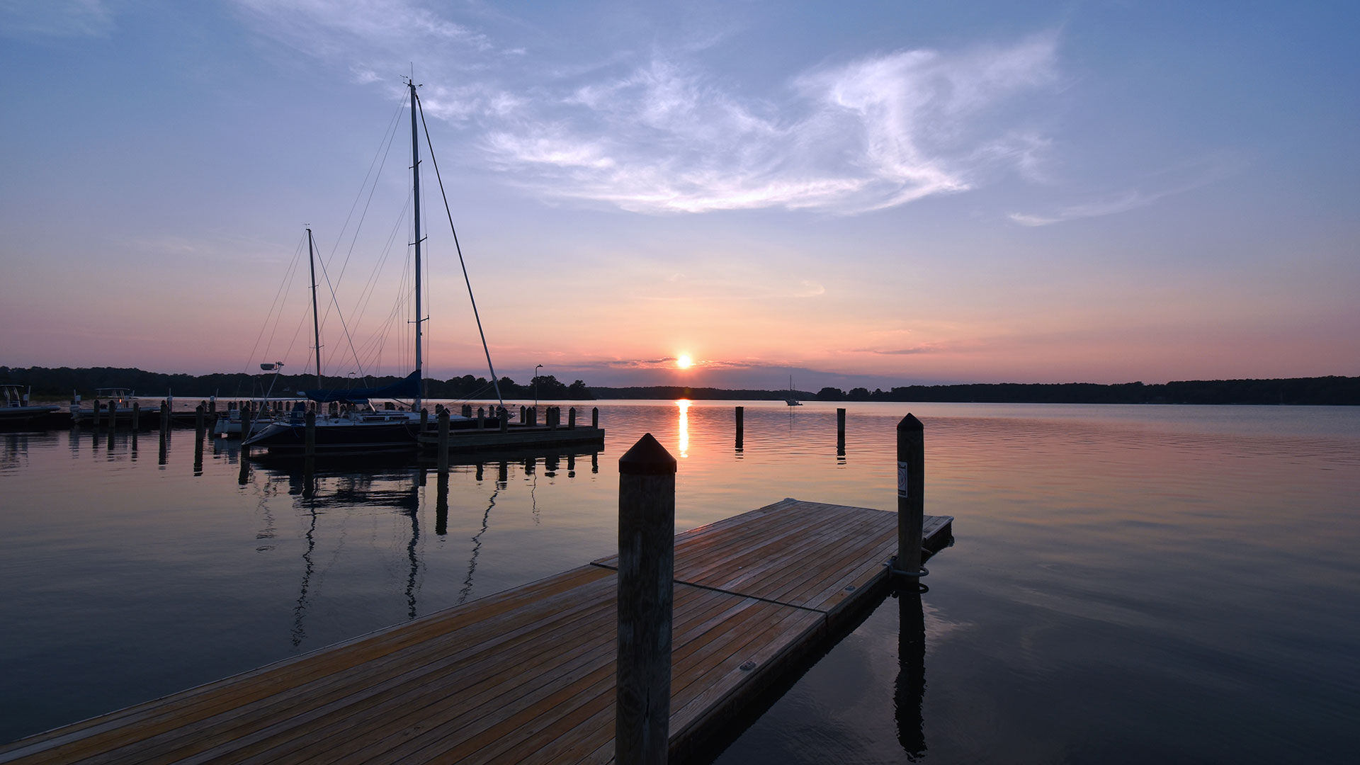 Sunset on a calm St. Mary's River, view from the docks